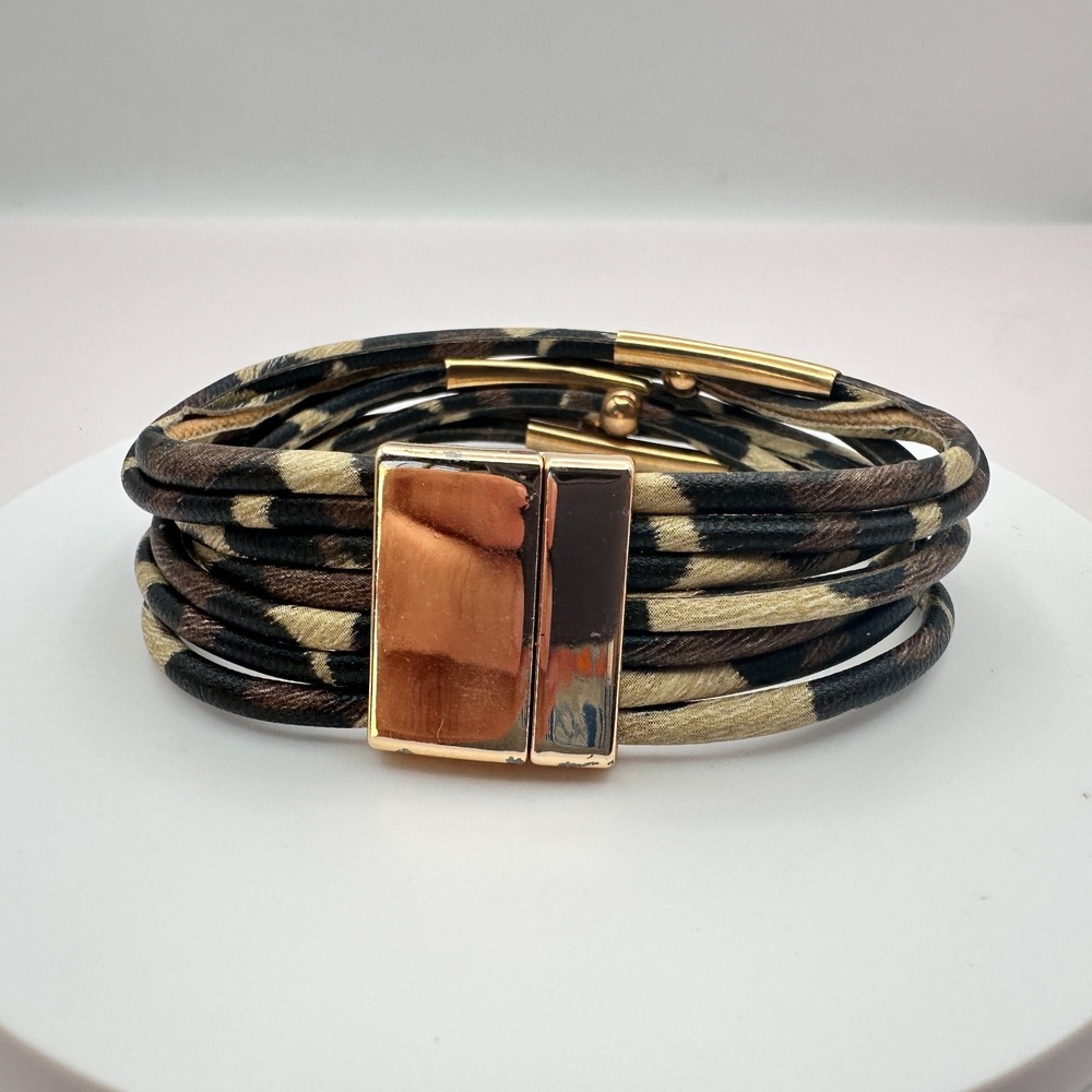 Vintage 90s Gold Tone Camo Multi-Strand Cord Cuff Bracelet Women's Jewelry